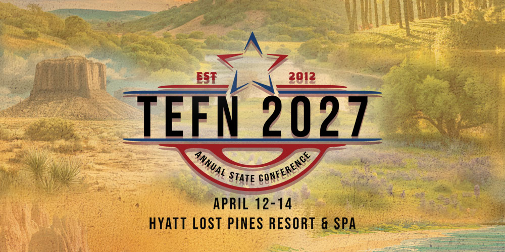 2027 TEFN Annual Conference logo. April 12-14 Hyatt Lost Pines Resort & Spa